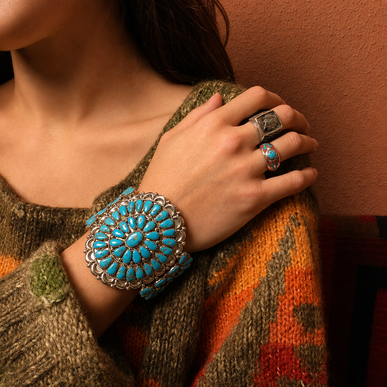 Bague Harpo R163 en argent avec turquoise et corail rose réalisés selon la technique artisanale Chip Inlay inspirée de l’art Navajo.