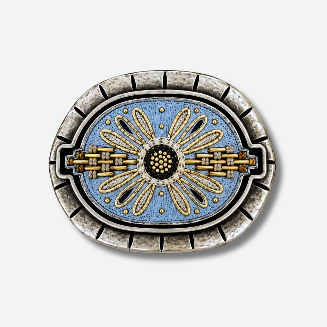 Boucle de ceinture Yolète N325 Silver brodée bleu et doré collaboration NAHUA