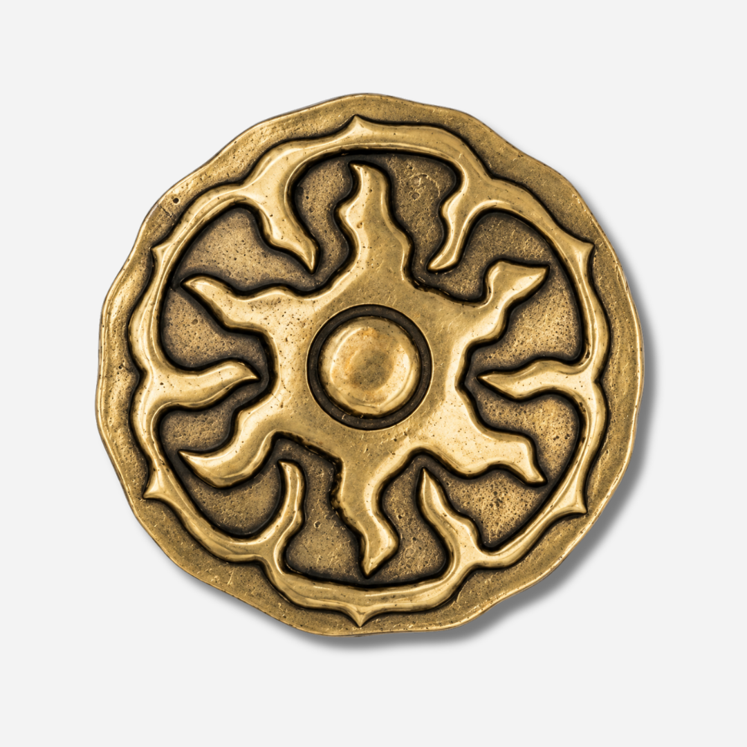 Boucle de ceinture interchangeable Yolète N394 Gold ronde motif soleil en métal doré vieilli