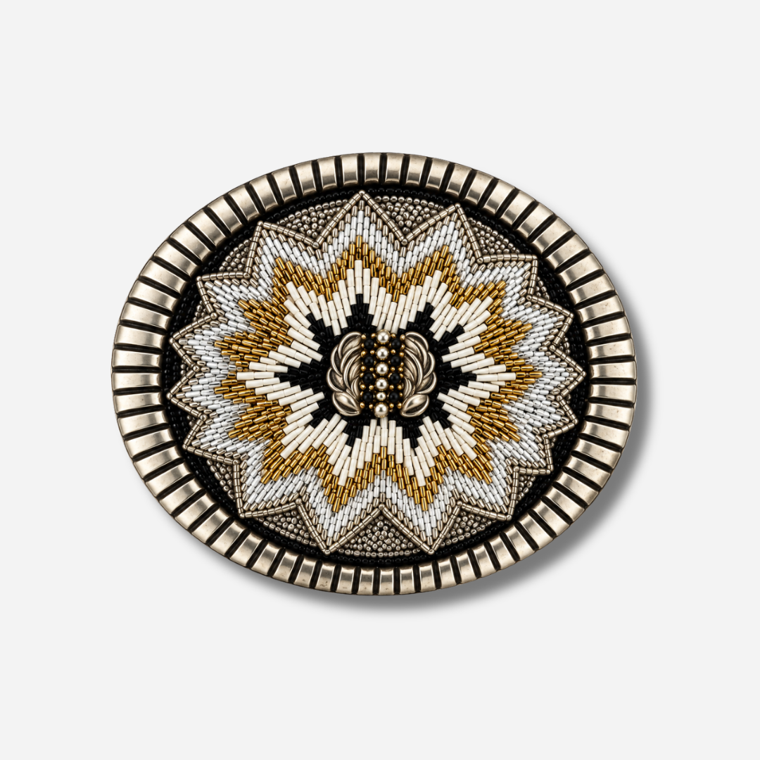 Boucle N376 Silver x Nahua brodée de perles blanches noires argent et gold