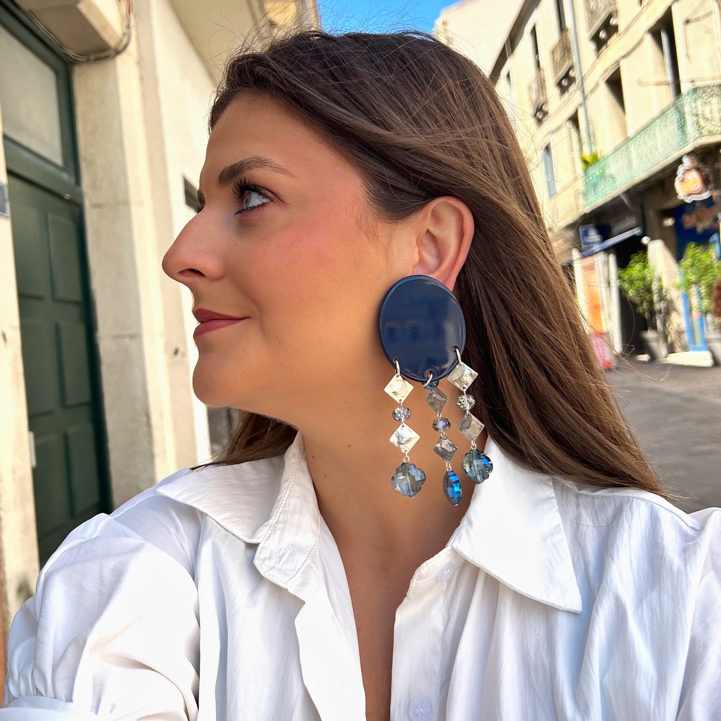 Boucles bleu argent Francine Bramli Paris pampilles