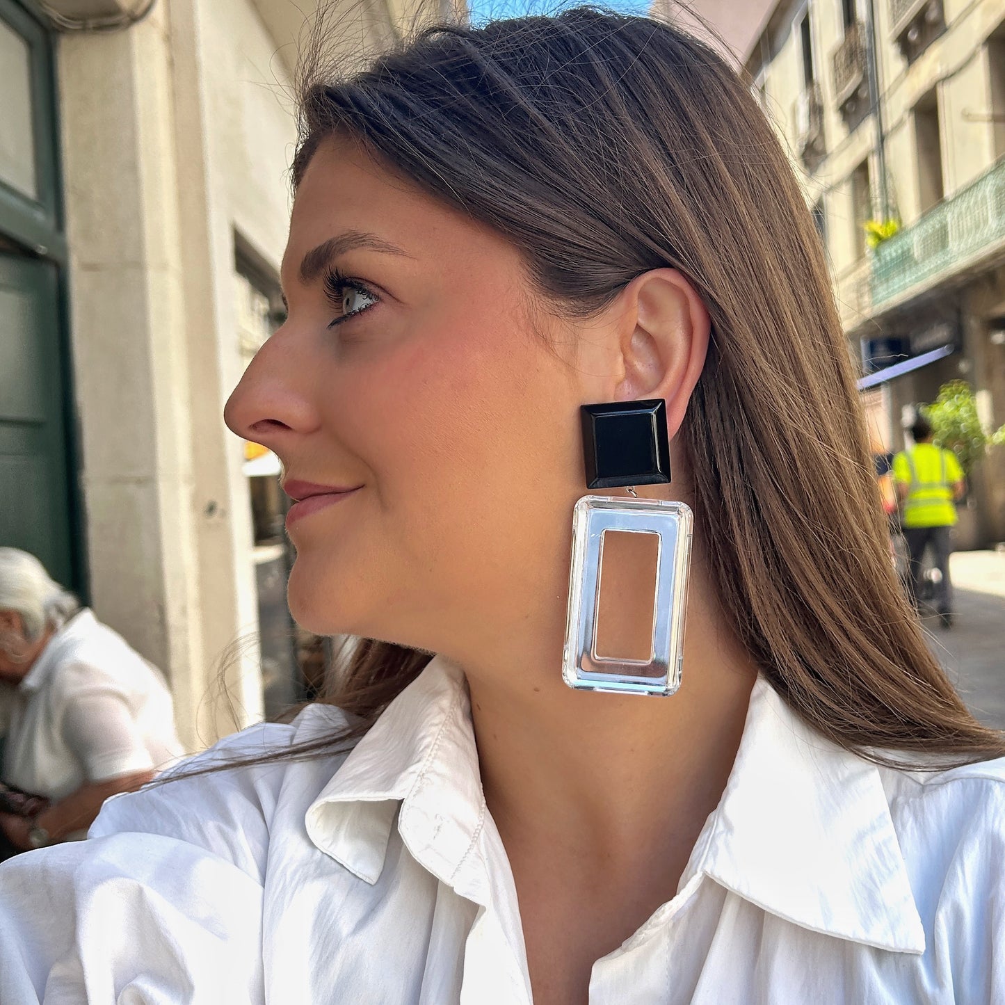 Boucles Guyana Miroir Francine Bramli Paris avec cabochon noir carré et grand rectangle transparent effet cristal