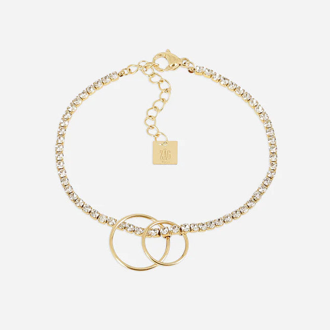 Bracelet Ananta ZAG en acier inoxydable doré avec zirconiums et trois anneaux entrelacés