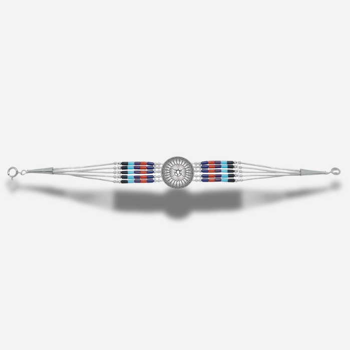 Bracelet Concho Cinq Rangs Multipierres B310 Harpo avec concho centrale en argent massif et perles Heishi multicolores fabriqué à la main aux États-Unis.