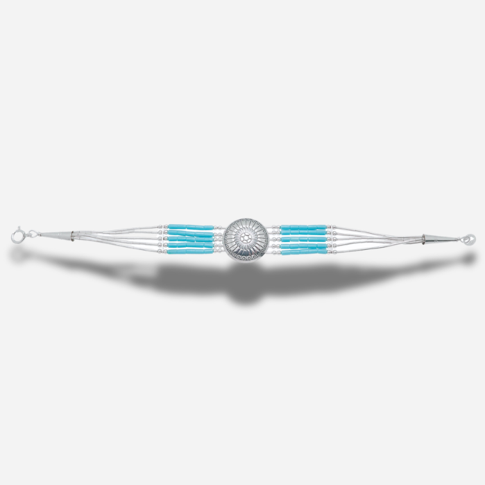 Bracelet Concho Cinq Rangs Turquoise B310 Harpo avec concho centrale en argent massif et perles turquoise fabriqué à la main aux États-Unis.