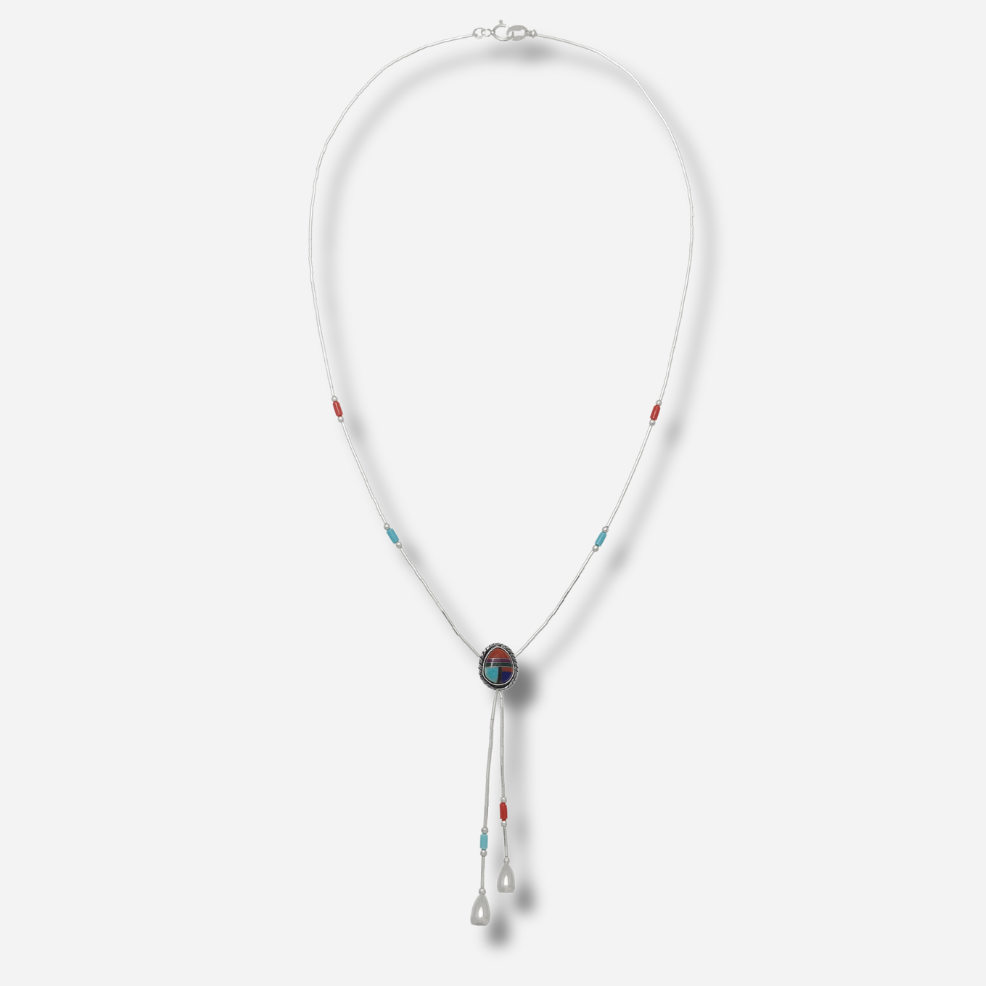 Collier Harpo N343 en Liquid Silver avec pendentif ovale multipierres colorées et pampilles argentées inspiré de l’art amérindien.
