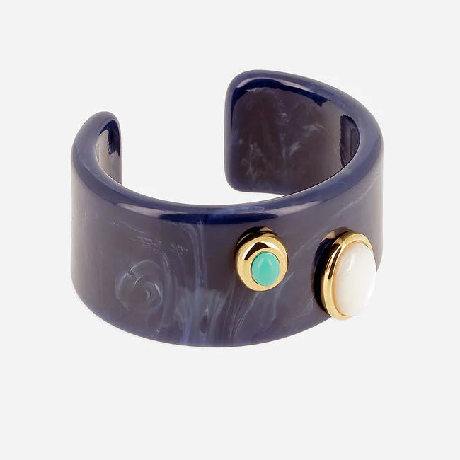 Manchette Lomas résine colorée cabochons dorés bracelet large femme Divinity Sète