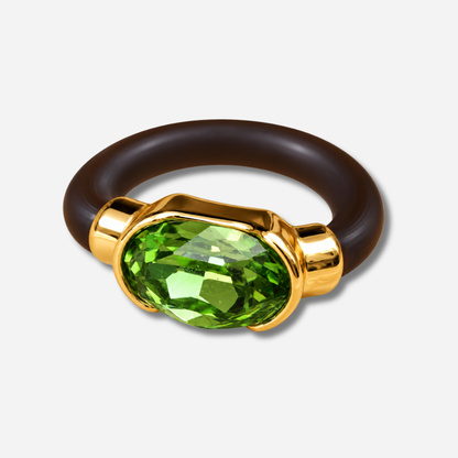 Bague femme Gala vert anis en cristal ovale et silicone marron