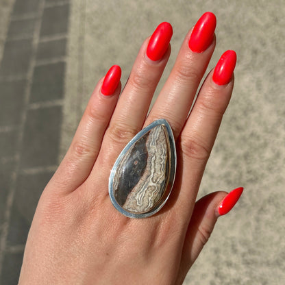 Bague agate crazy lace goutte argent 925 pierre graphique grise