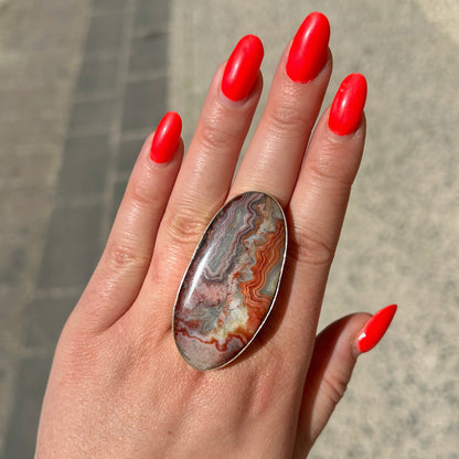 Bague pierre crazy lace rouge gris ovale femme