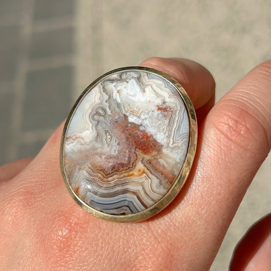Bague pierre naturelle ronde beige gris femme