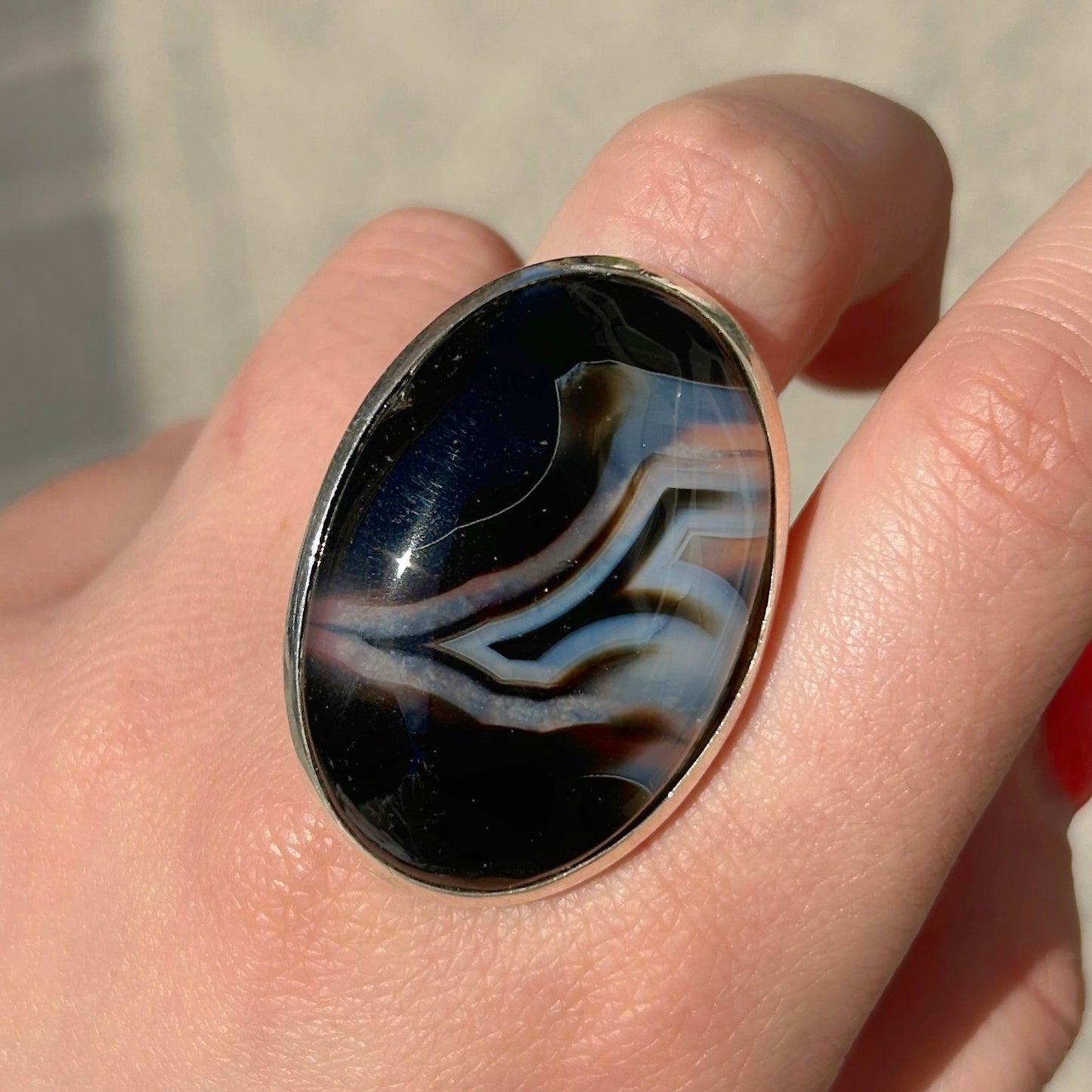 Bague agate noire ovale argent 925 pierre naturelle