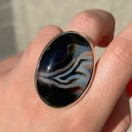 Bague agate noire ovale argent 925 pierre naturelle