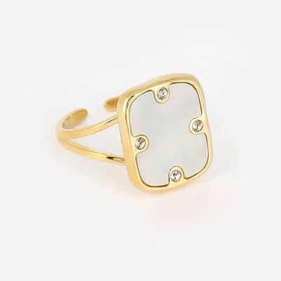 Bague Alicia Zag dorée ajustable avec nacre carrée et zircons