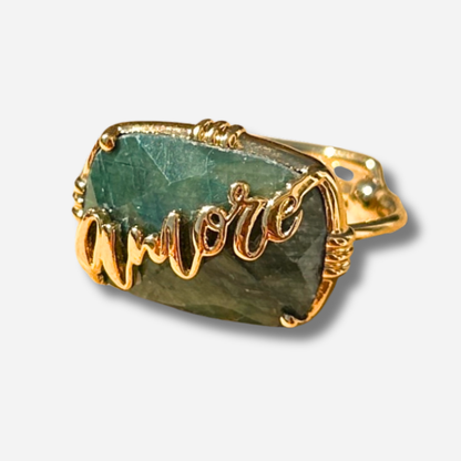 Bague Amore sillimanite verte Au Fil de Lo bague pierre naturelle verte doree reglable femme bijou message amour