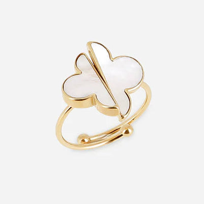 Bague Azzo Zag dorée ajustable avec trèfle en nacre blanche