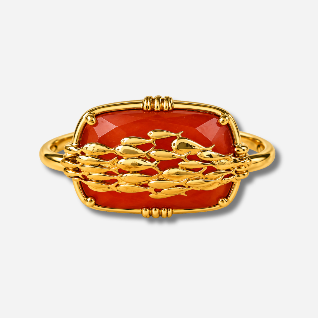 Bague cornaline rouge banc de poissons Au Fil de Lo pierre naturelle rouge reglable femme dorée