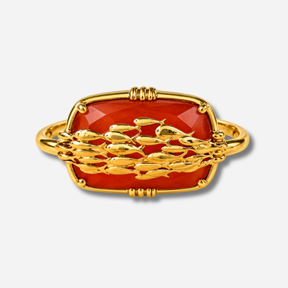 Bague cornaline rouge banc de poissons Au Fil de Lo pierre naturelle rouge reglable femme dorée