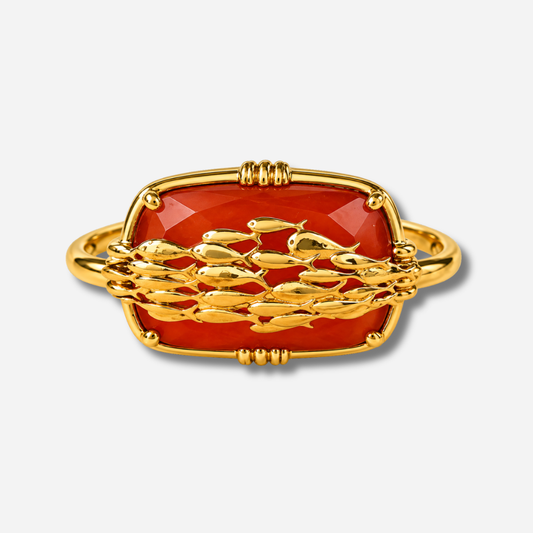 Bague cornaline rouge banc de poissons Au Fil de Lo pierre naturelle rouge reglable femme dorée