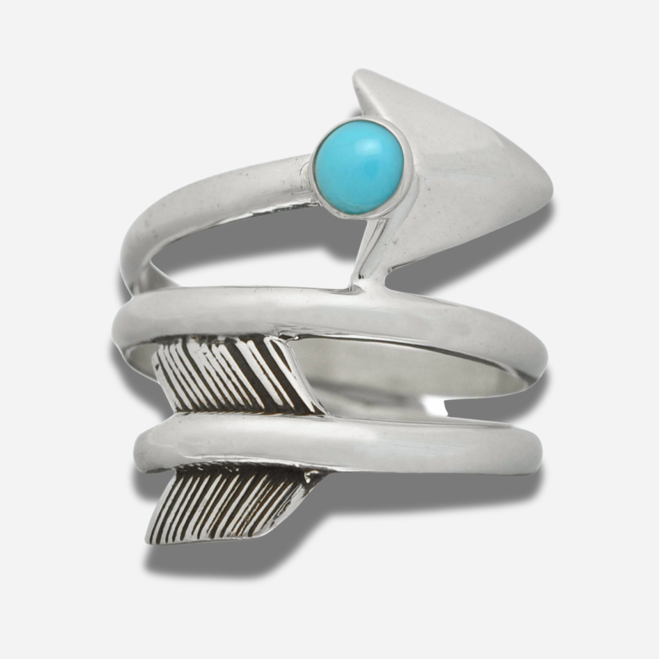 Bague Harpo BAW42 en argent massif avec flèche gravée et pierre turquoise inspirée des bijoux amérindiens.