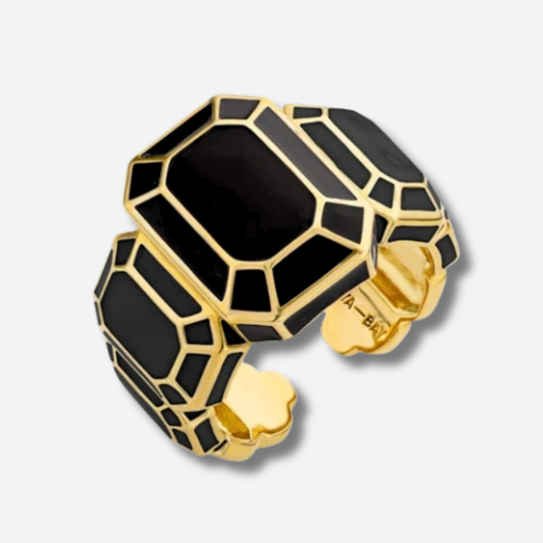 Bague Black Big Diamond MYA-BAY dorée en émail noir