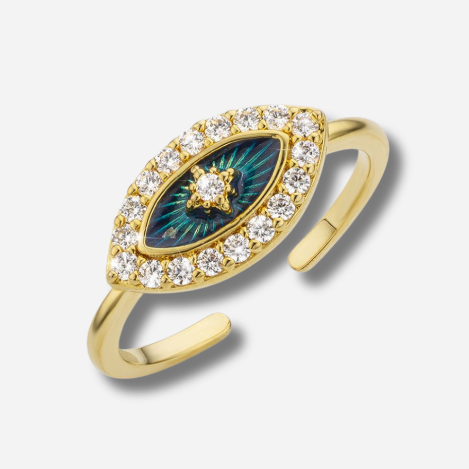 Bague Blue Eye Mya Bay dorée œil bleu serti de cristaux