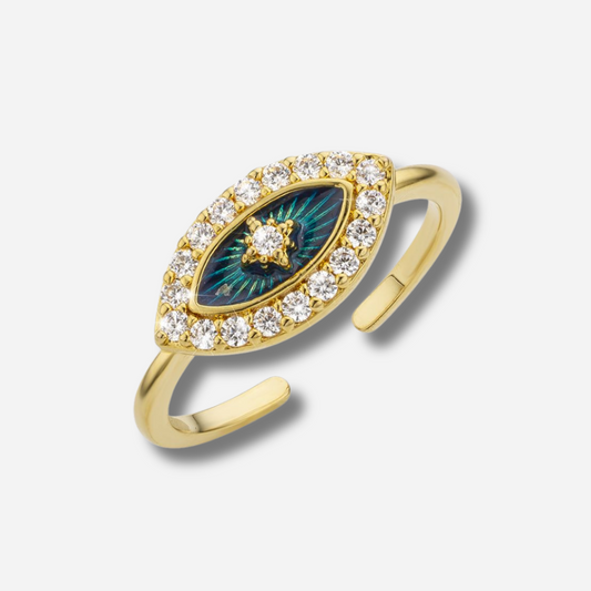 Bague Blue Eye Mya Bay dorée œil bleu serti de cristaux