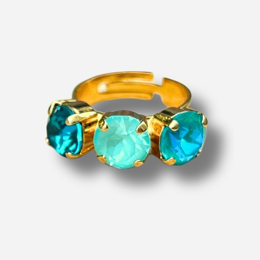 Bague Bora Turquoise Crézus trio de pierres bleues vertes doré réglable