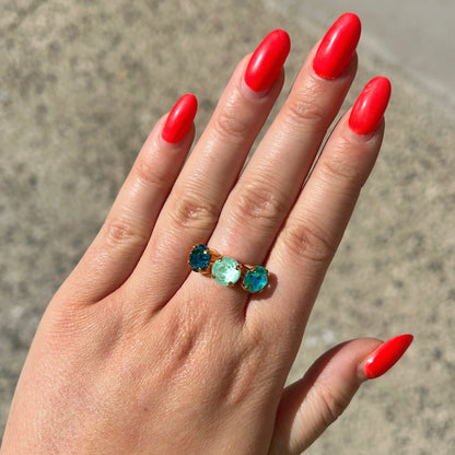 Bague Bora Turquoise Crézus trio de pierres bleues vertes doré réglable