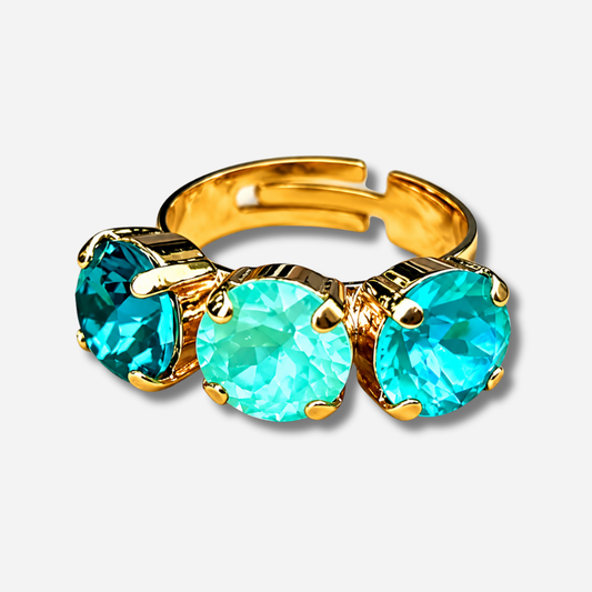 Bague Bora Turquoise Crézus trio de pierres bleues vertes doré réglable