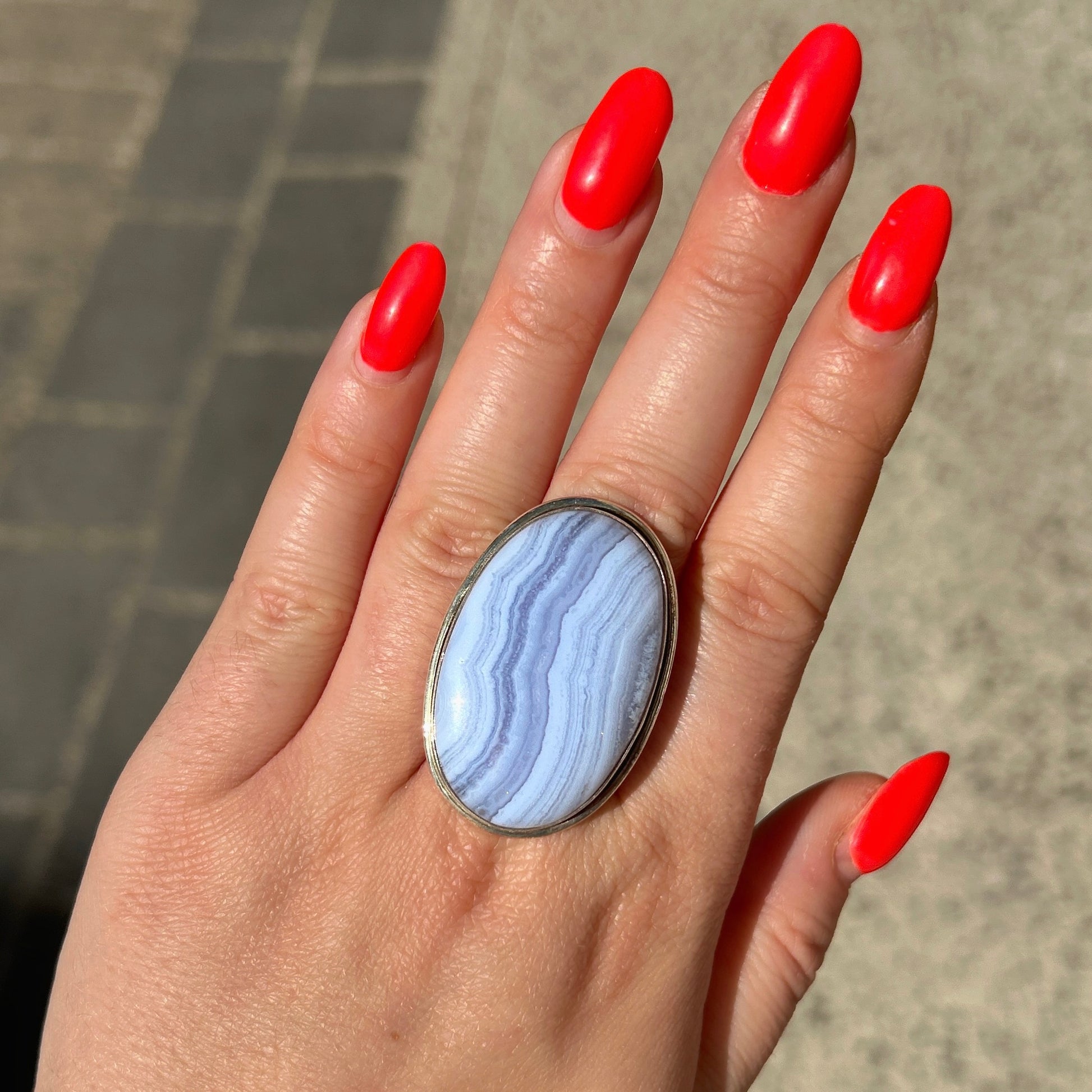 Bague calcédoine bleue argent 925 ovale pierre naturelle