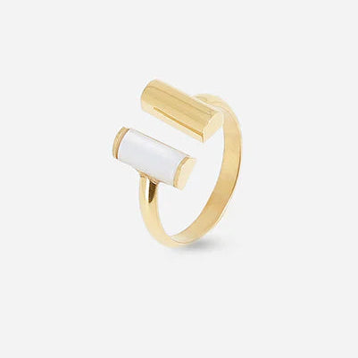 Bague Cannelle ZAG acier doré nacre blanche ajustable bijou femme graphique Divinity Sète