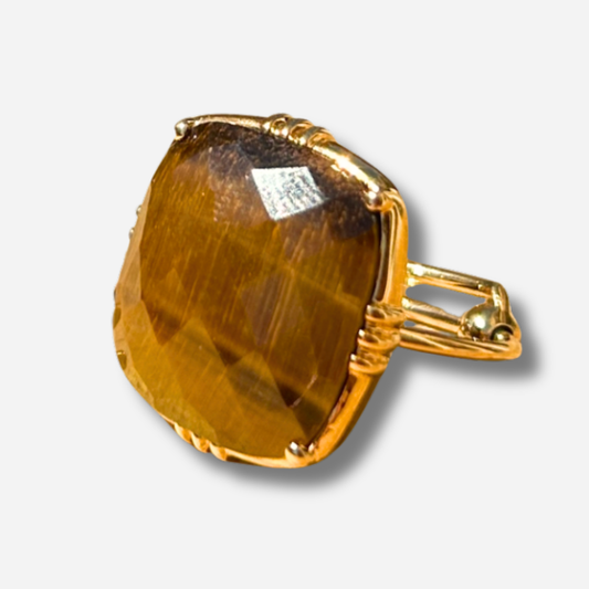 Bague oeil de tigre carree Au Fil de Lo bague pierre naturelle marron doree reglable femme bijou protection