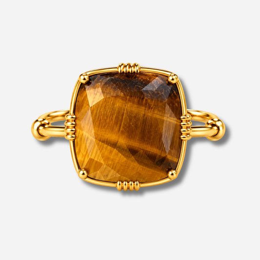 Bague oeil de tigre carree Au Fil de Lo bague pierre naturelle marron doree reglable femme bijou protection