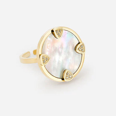 Bague Corazon Zag dorée ajustable avec nacre ronde et zircons