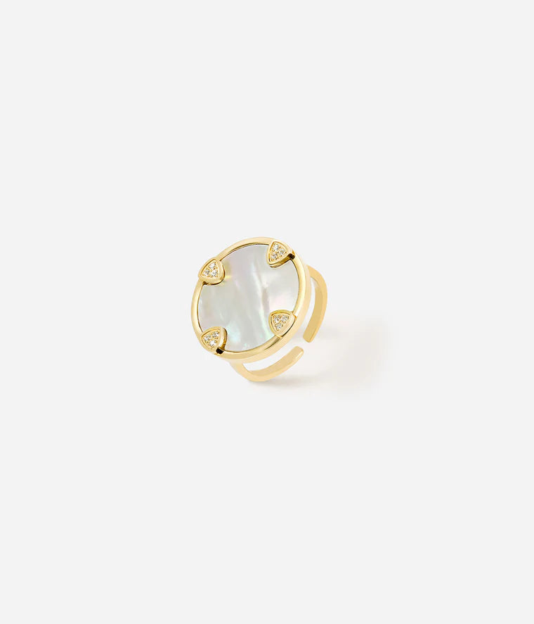 Bague Corazon Zag dorée ajustable avec nacre ronde et zircons