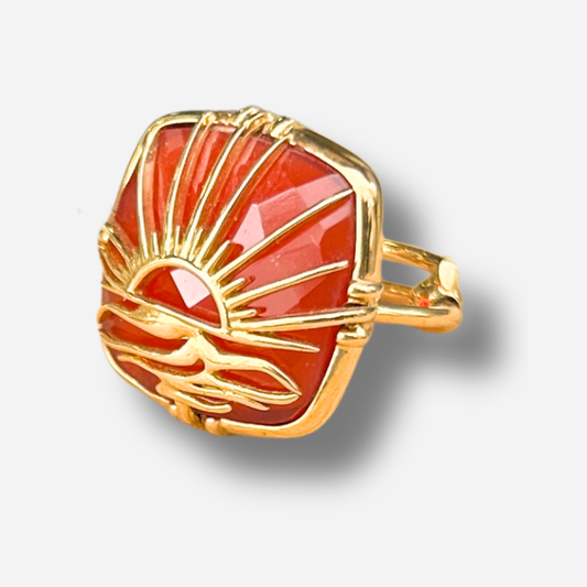 Bague cornaline rouge coucher de soleil Au Fil de Lo pierre naturelle rouge reglable femme dorée