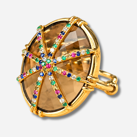 Bague Étoile Pavée Au Fil de Lo en quartz fumé naturel avec étoile multicolore dorée – Divinity Sète