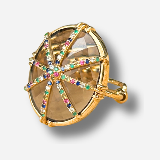 Bague quartz fumé étoile zircons multicolores Au Fil de Lo pierre naturelle marron reglable femme dorée