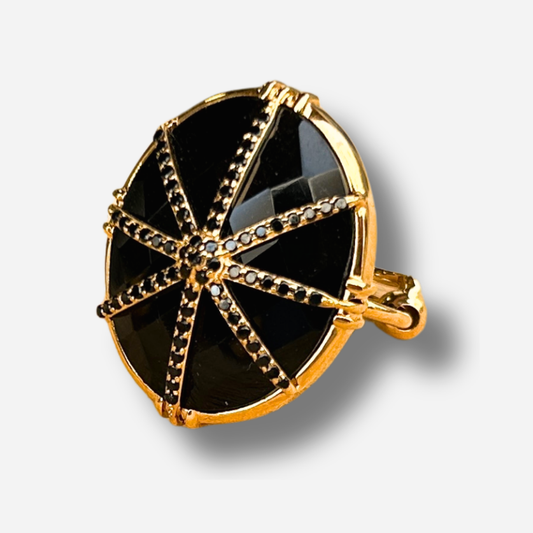 Bague spinelle noire étoile pavée zircons Au Fil de Lo pierre naturelle noire reglable femme dorée