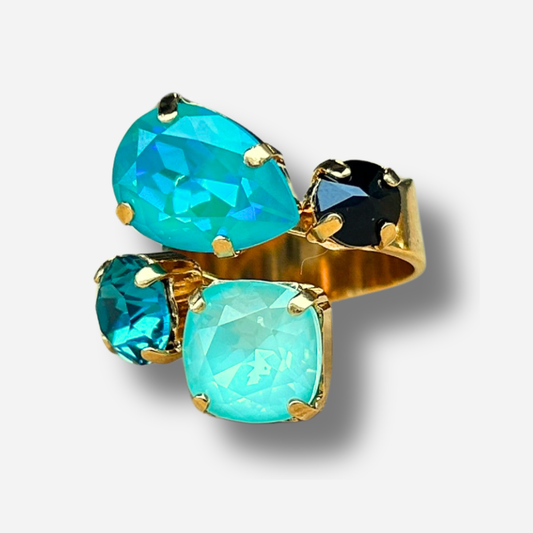 Bague Faria Bora Crézus pierres turquoise aqua doré réglable