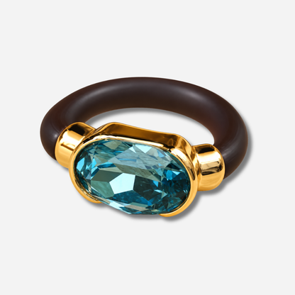 Bague femme Gala bleu lagon avec cristal ovale facetté et anneau marron