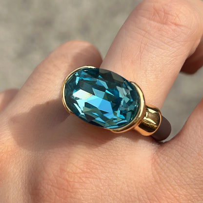 Bague femme Gala bleu lagon avec cristal ovale facetté et anneau marron