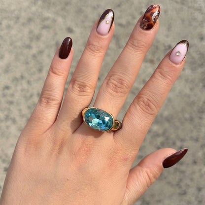 Bague femme Gala bleu lagon avec cristal ovale facetté et anneau marron