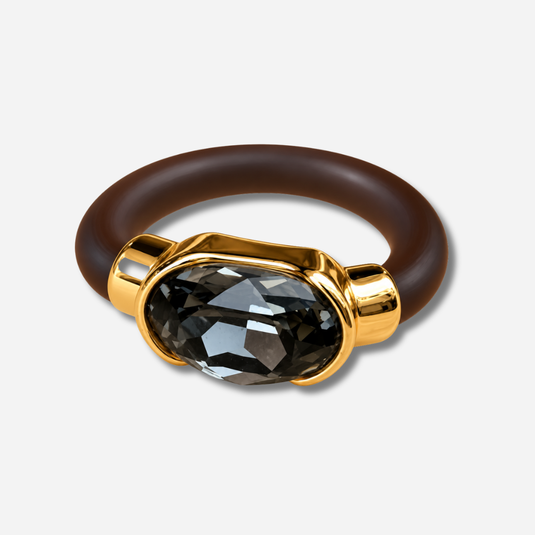 Bague femme Gala grise avec cristal ovale facetté et anneau marron
