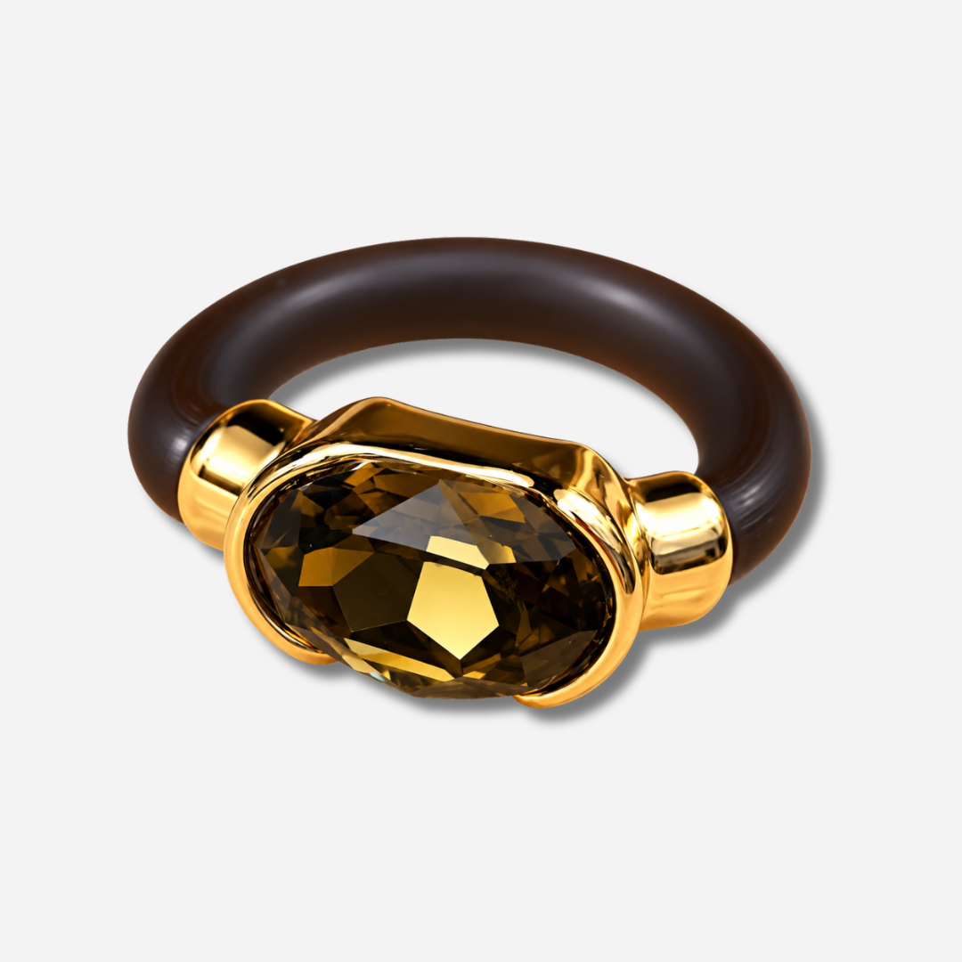 Bague femme Gala kaki avec cristal ovale facetté et anneau marron