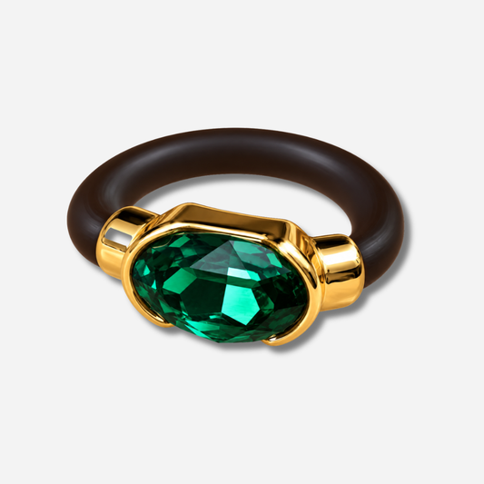 Bague femme Gala vert émeraude en cristal ovale et anneau marron