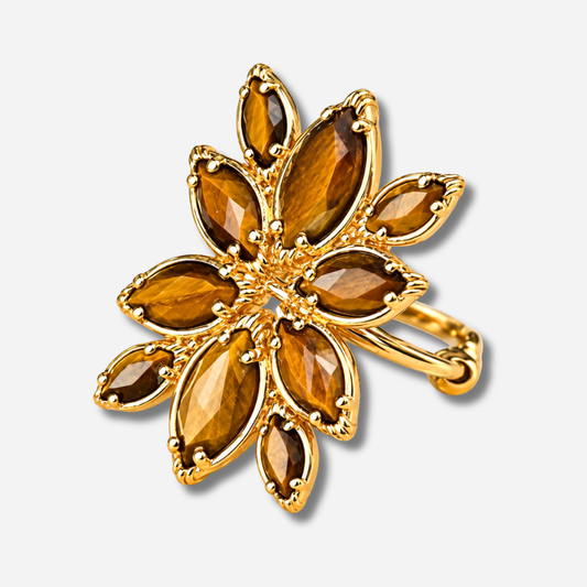 Bague Fleur Au Fil de Lo en œil de tigre naturel facetté et monture dorée – Divinity Sète