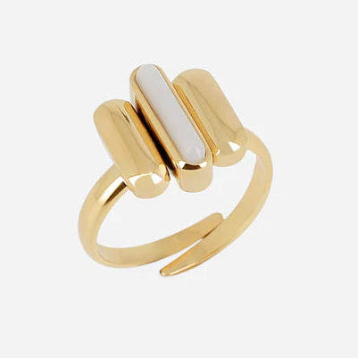 Bague Galileo ZAG acier doré nacre blanche ajustable bijou femme graphique Divinity Sète
