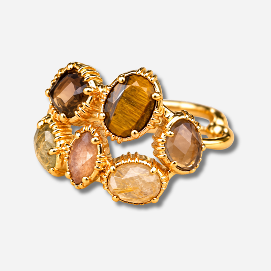 Bague Grappe GM Multi Au Fil de Lo en œil de tigre, quartz fumé, quartz rutile et pierres naturelles – Divinity Sète